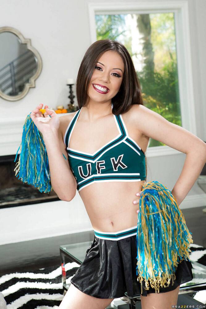 Cute brunette cheerleader Lucy Doll exposing shaved teen pussy - #5