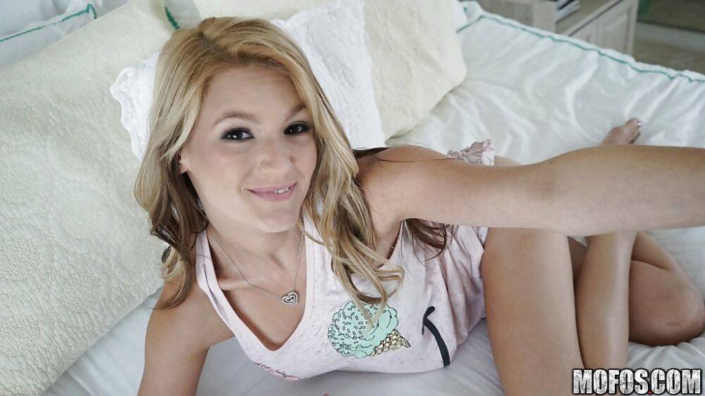 Pretty teen first timer Hope Harper exposes nice natural tits on couch - #11
