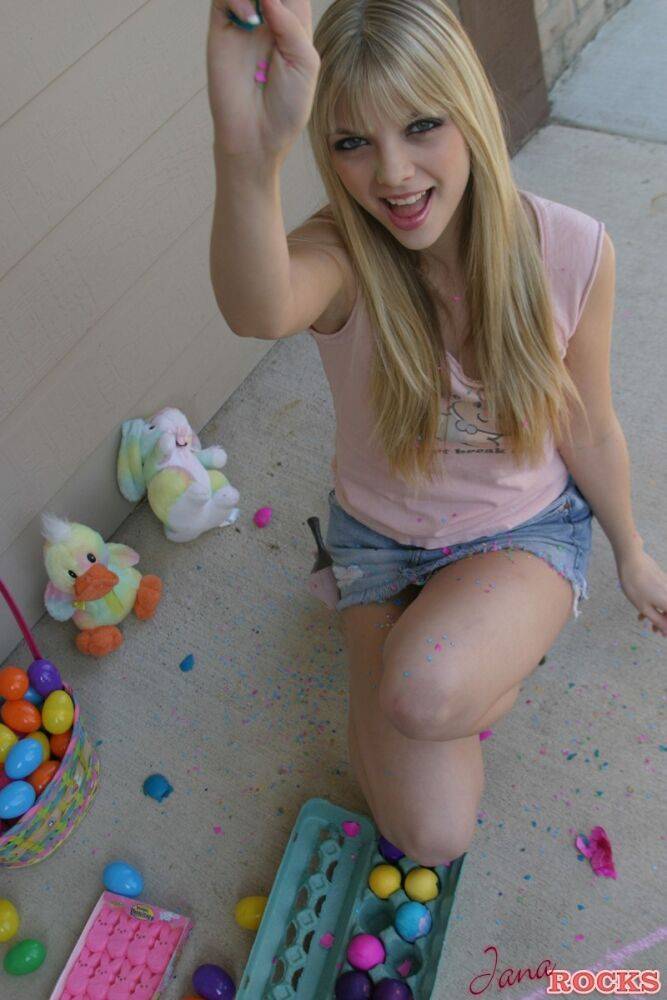 Sweet blonde teen Jana Jordan flashes upskirt panties while eating chocolate - #9