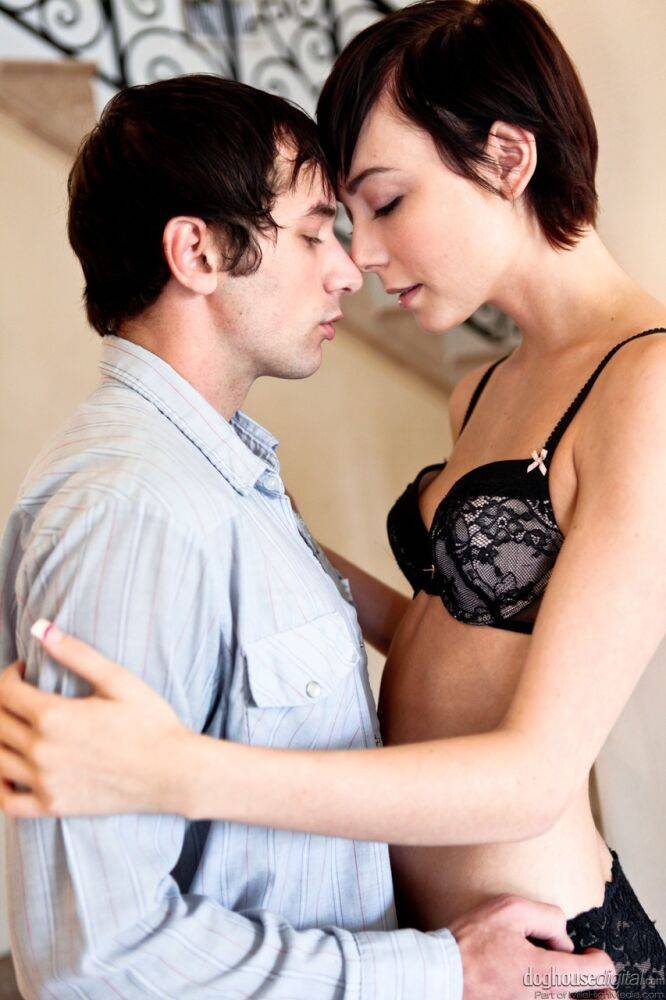 Skinny girl with short hair Zoe Voss seduces her man in bra and panty set - #9