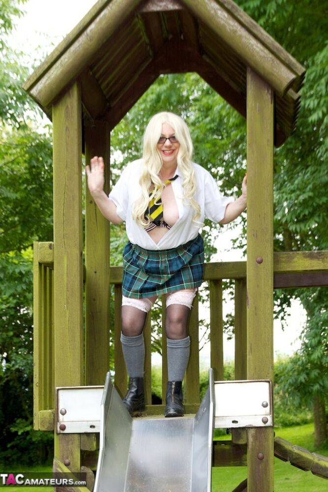 Old UK amateur Barby Slut exposes herself on a playground in schoolgirl attire - #15