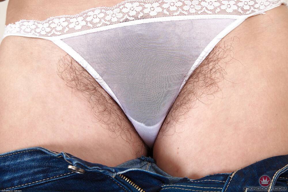 Older Euro lady Elle Macqueen releasing hairy vagina from jeans and panties - #16