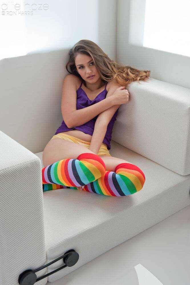 Hot Latina Allie Haze in knee socks flashes tits & plays with a vibrating toy - #7