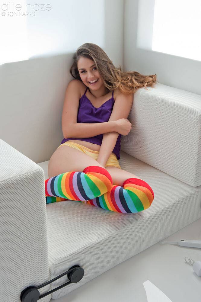 Hot Latina Allie Haze in knee socks flashes tits & plays with a vibrating toy - #5
