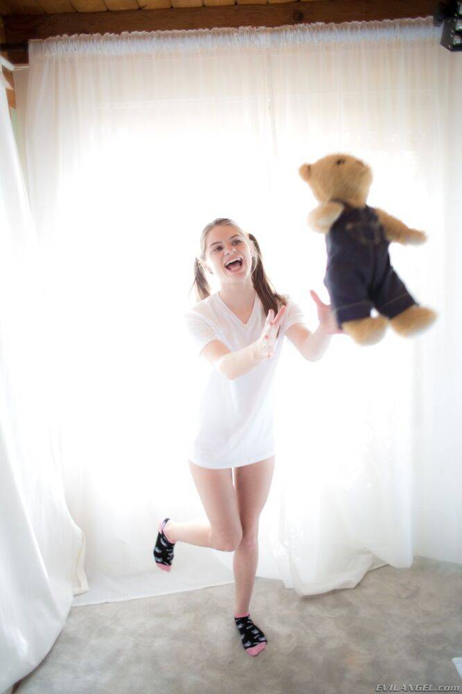 Young cutie Alice March shows off her bitty parts in socks with Teddy in hand - #3