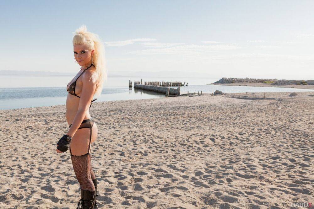 Platinum blonde chick Anikka Albrite flaunts her ass in lingerie and boots - #1