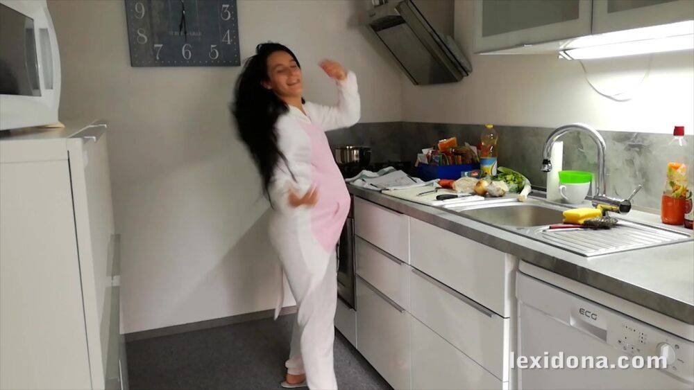 Horny and pregnant Lexi Dona undressing in the kitchen to sate her appetite - #14