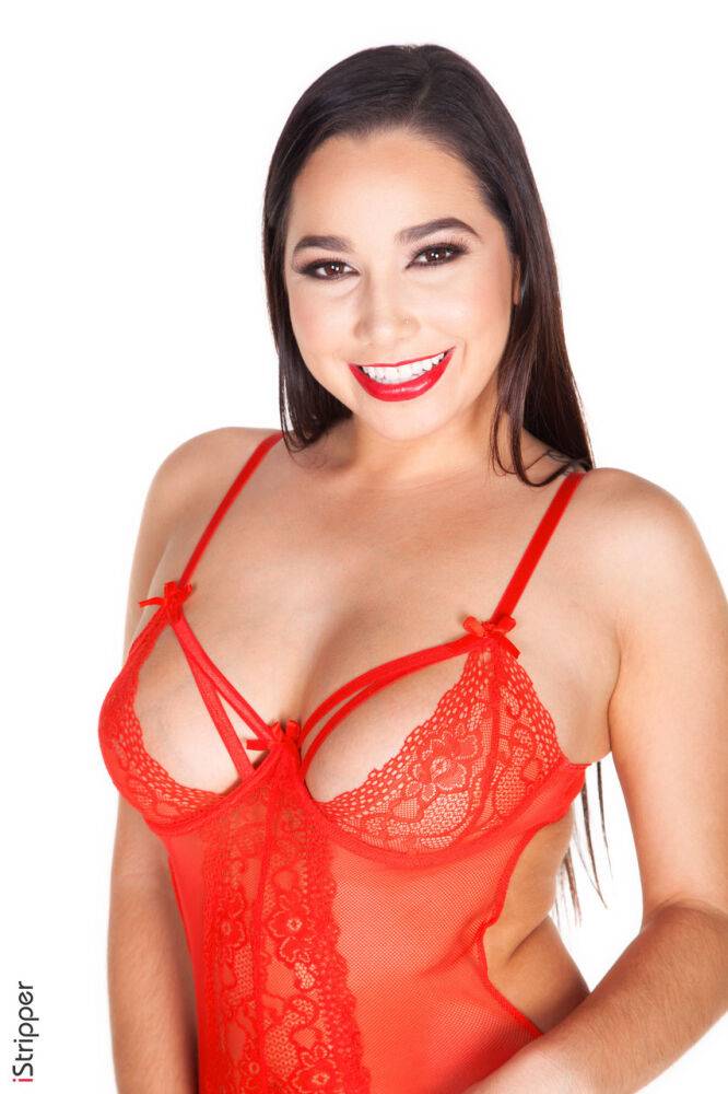 Beautiful brunette teen Karlee Grey releases her great body from red lingerie - #14