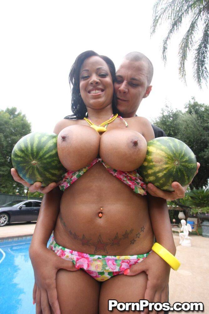Ebony chick Natasha Dulce wears cum on big tits after fucking by the pool - #12