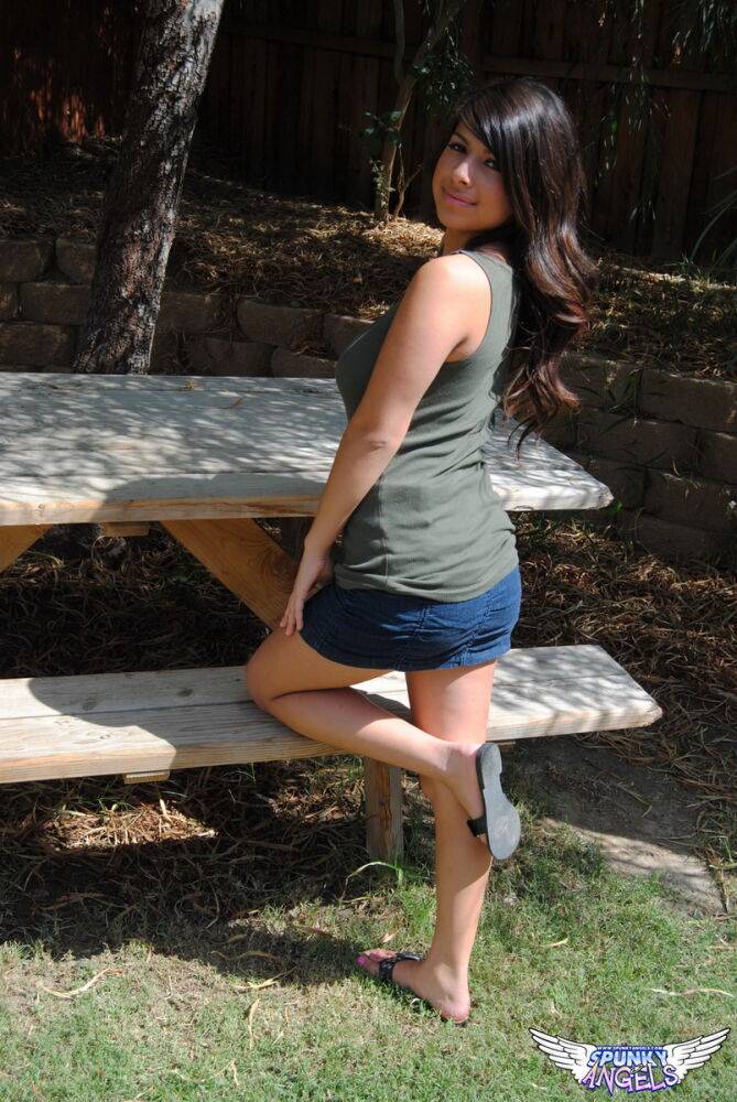 Latina amateur Layla Rose exposes her big naturals during a no panty upskirt - #12