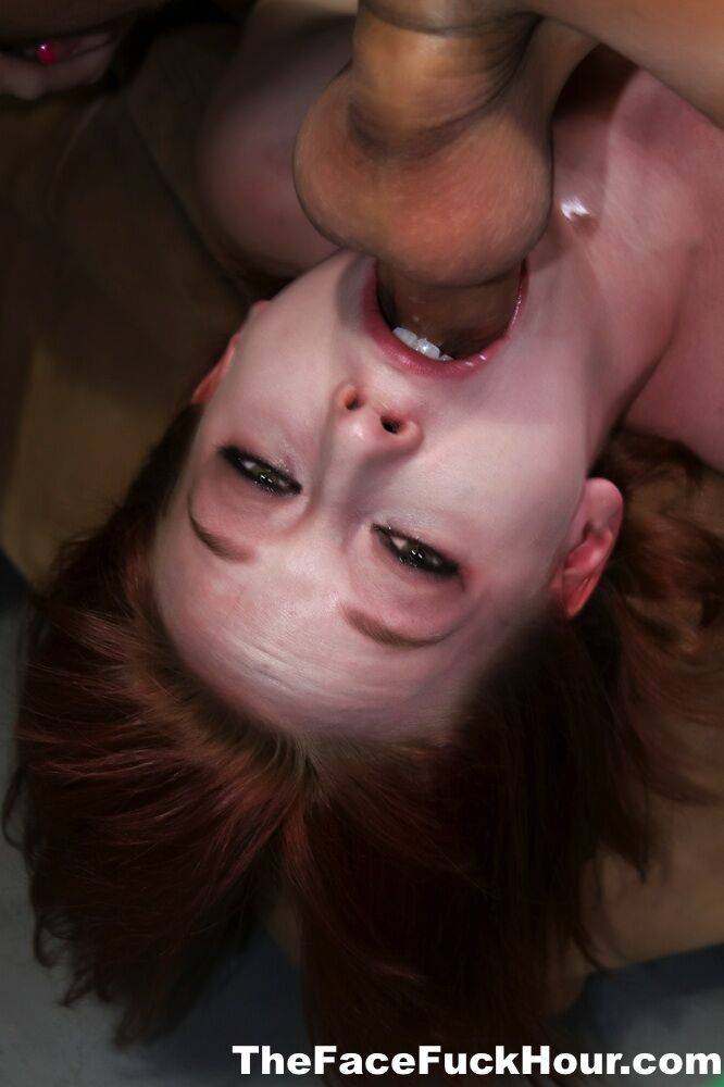 Naked redhead gets jizz in her eye during a messy throat fuck - #6