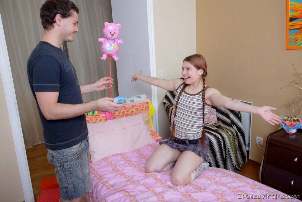 Young redhead gives up her virginity in cute socks for a plush toy - #10