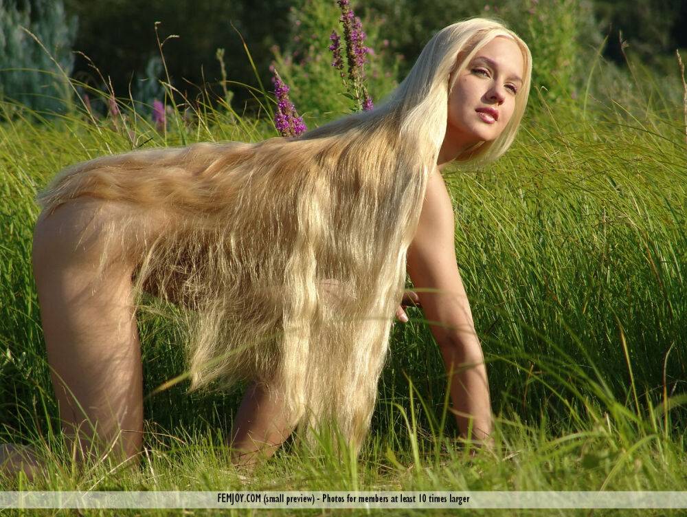 Natural blond with hair to her ass Desiree models totally naked amid greenery - #15