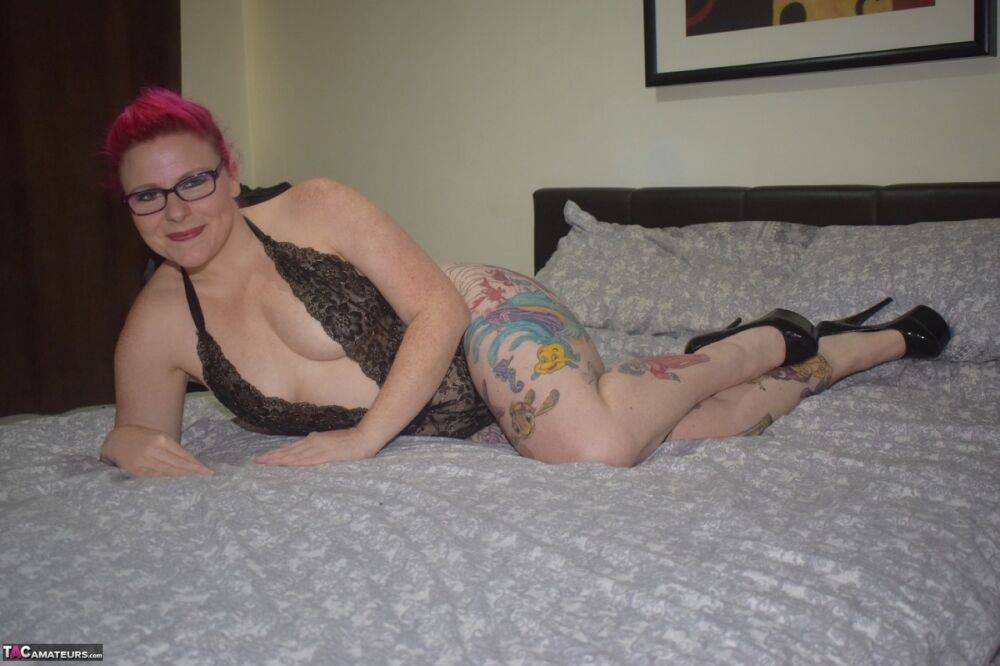 Tattooed amateur Mollie Foxxx models black lingerie with her glasses on - #13