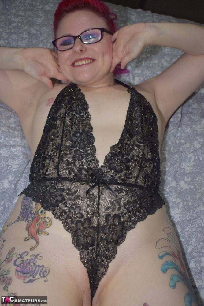 Tattooed amateur Mollie Foxxx models black lingerie with her glasses on - #3