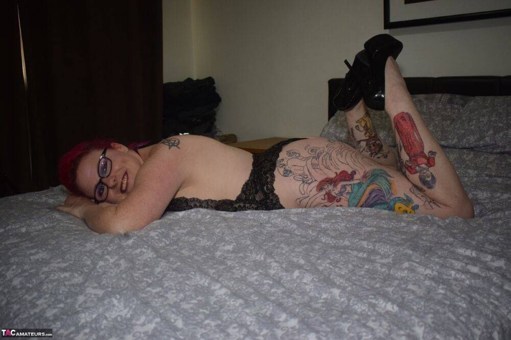 Tattooed amateur Mollie Foxxx models black lingerie with her glasses on - #10