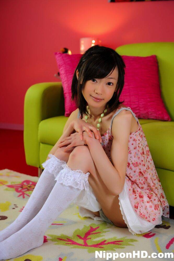 Petite Japanese girl with a pretty face models non nude in knee socks - #1