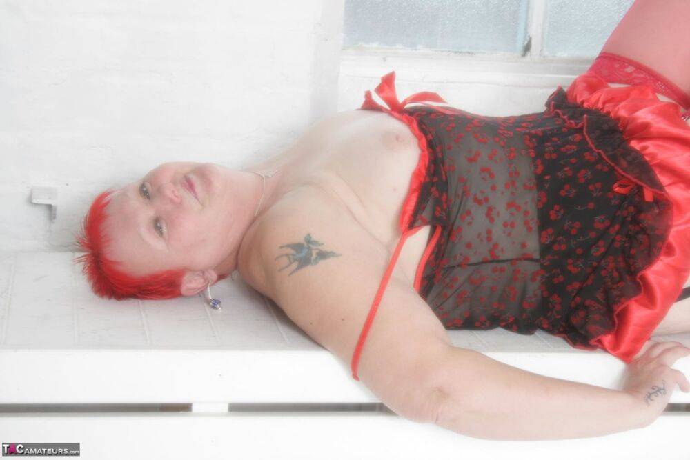 Older woman with short red hair Valgasmic Exposed models lingerie & red nylons - #15