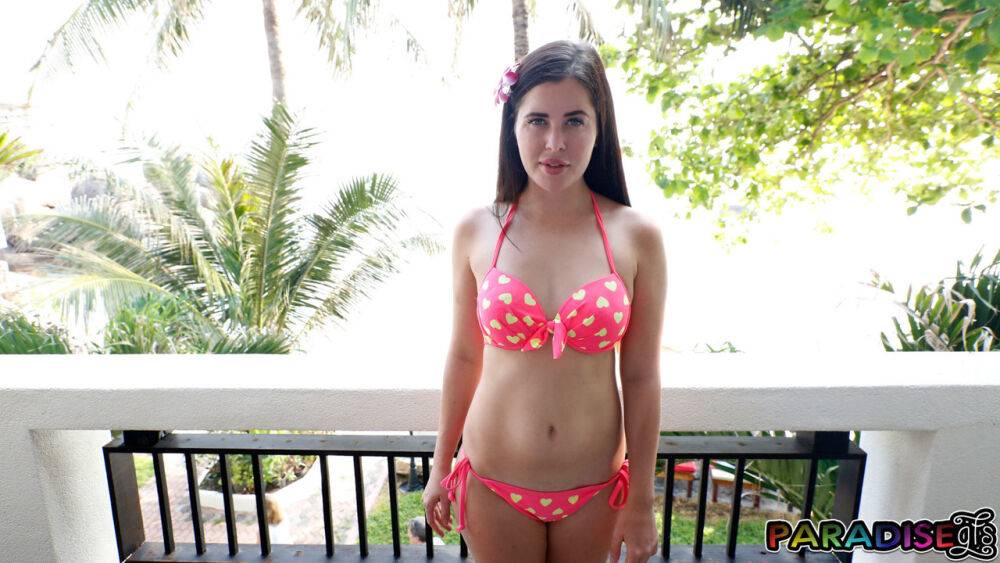 Brunette girl Cassie Fire models a bikini on a balcony before POV anal sex - #8
