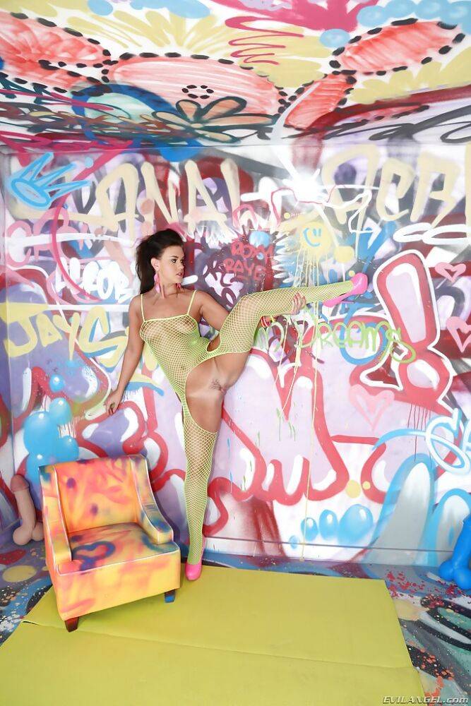 Brunette model Roxy Raye posing solo in ripped mesh bodystocking - #4