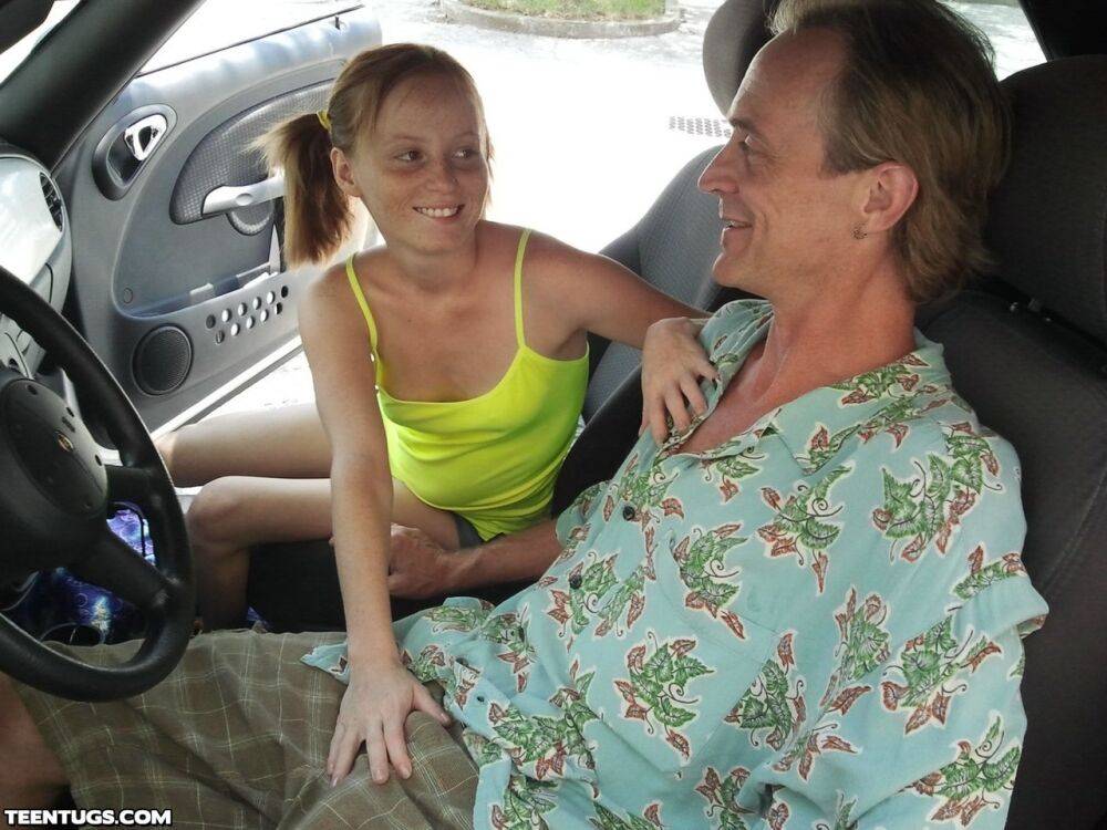 Tiny teen cutie Alyssa Hart in pigtails giving a hot handjob in the car - #6