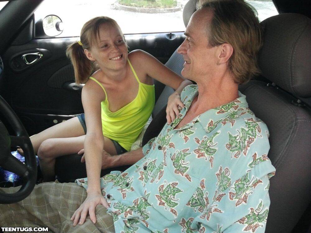 Tiny teen cutie Alyssa Hart in pigtails giving a hot handjob in the car - #3