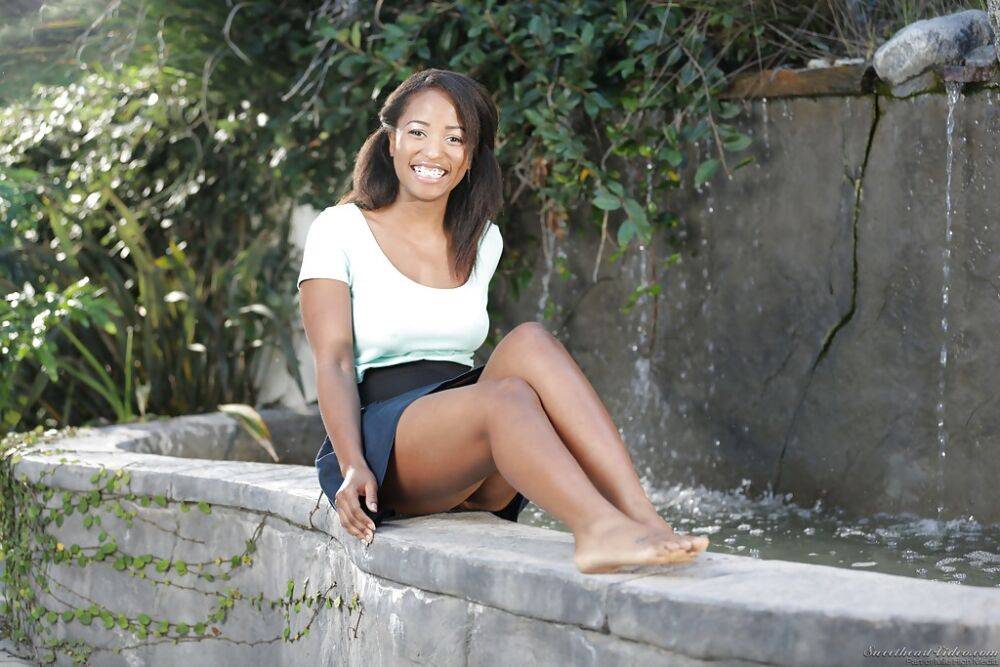 Young black chick Serena Blair flashing upskirt panties outdoors - #8