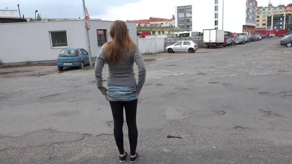 Blonde slut Suzzie undressing and spreading legs to pee in public - #2