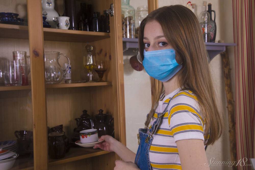 18 year old girl Lia doffs a surgical mask and clothes to pose nude in socks - #8