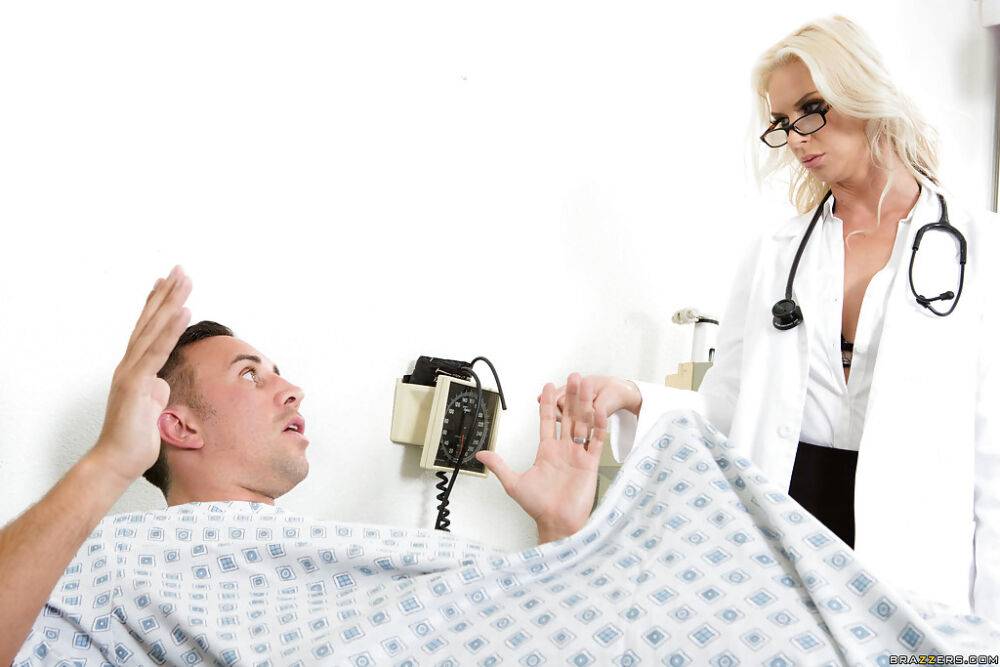 Blonde MILF doctor Brooke Brand giving big cock BJ in uniform and glasses - #2