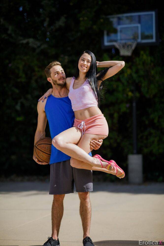 Dark-haired chick Alex Coal bangs a boy on a bed after they shoot some hoops - #5