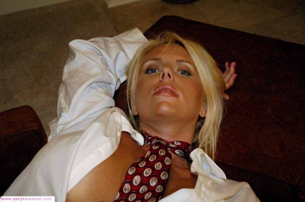 Blonde MILF looses Karen Fisher frees her tan lined tits from a white shirt - #4