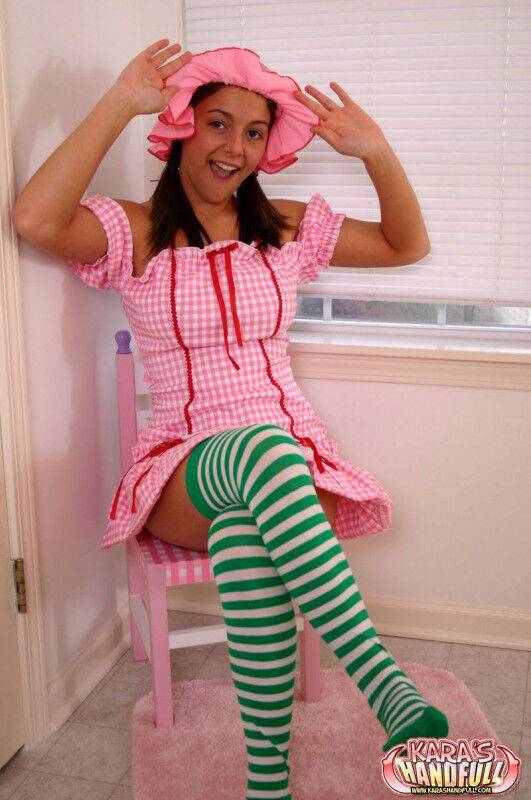 Teen amateur Kara exposes cotton underwear in a cute dress and long socks - #9