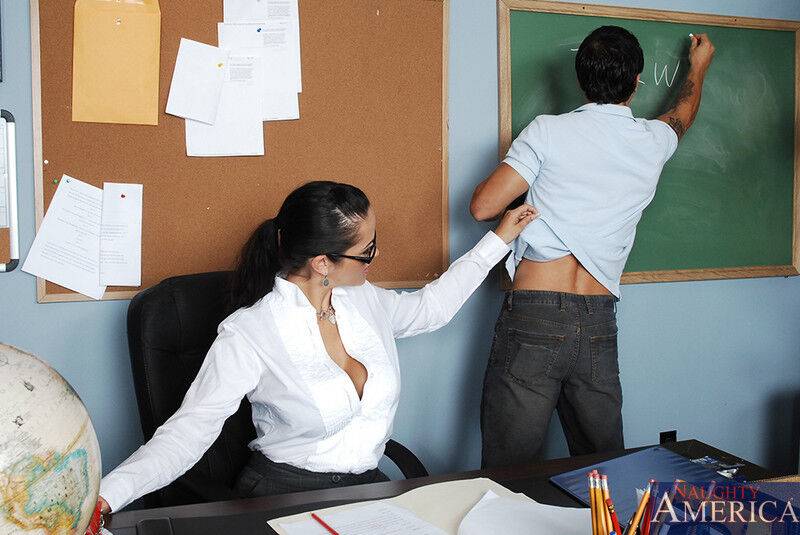 Hot teacher Carmella Bing seduces a male student while at her desk - #8