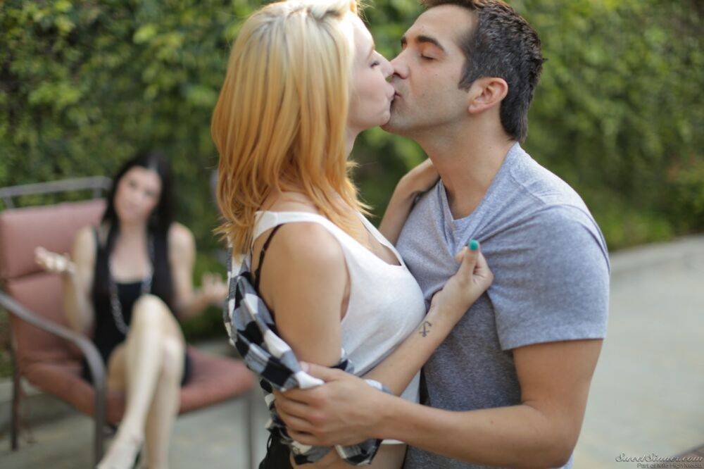 Hot blonde Cece Capella fully clothed kissing Donnie Rock outdoors - #1