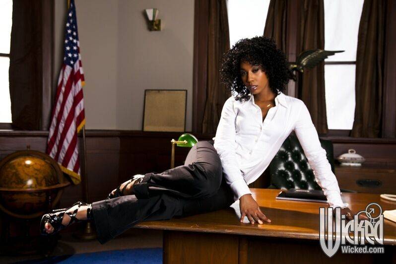 Svelte ebony babe on high heels Misty Stone stripping in the office - #10