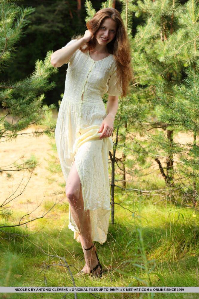 Pale girl with long red hair Nicole K gets totally naked amid saplings - #15