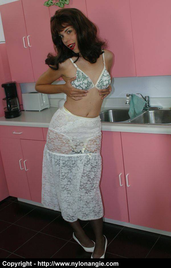 Redhead amateur Dirty Angie doffs a retro dress to go topless in her kitchen - #7