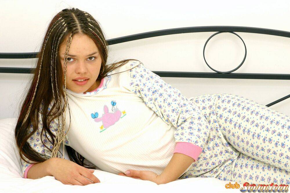 Adorable teen doffs her pyjamas before masturbating on her bed in white socks - #11