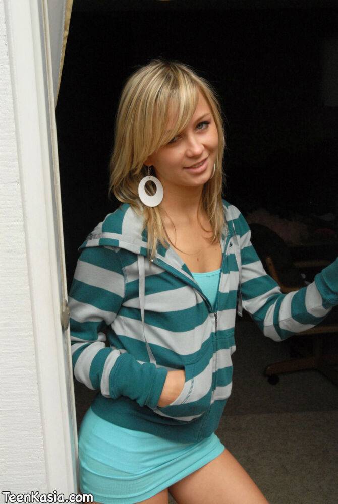 Young blonde prances on back stairs and patio in white socks and underwear - #9