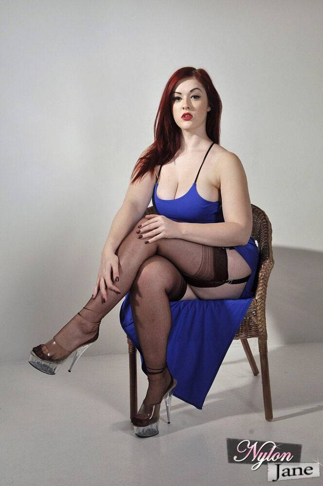 Thick redhead Jay looks so sexy in her blue dress and nylon stockings - #14