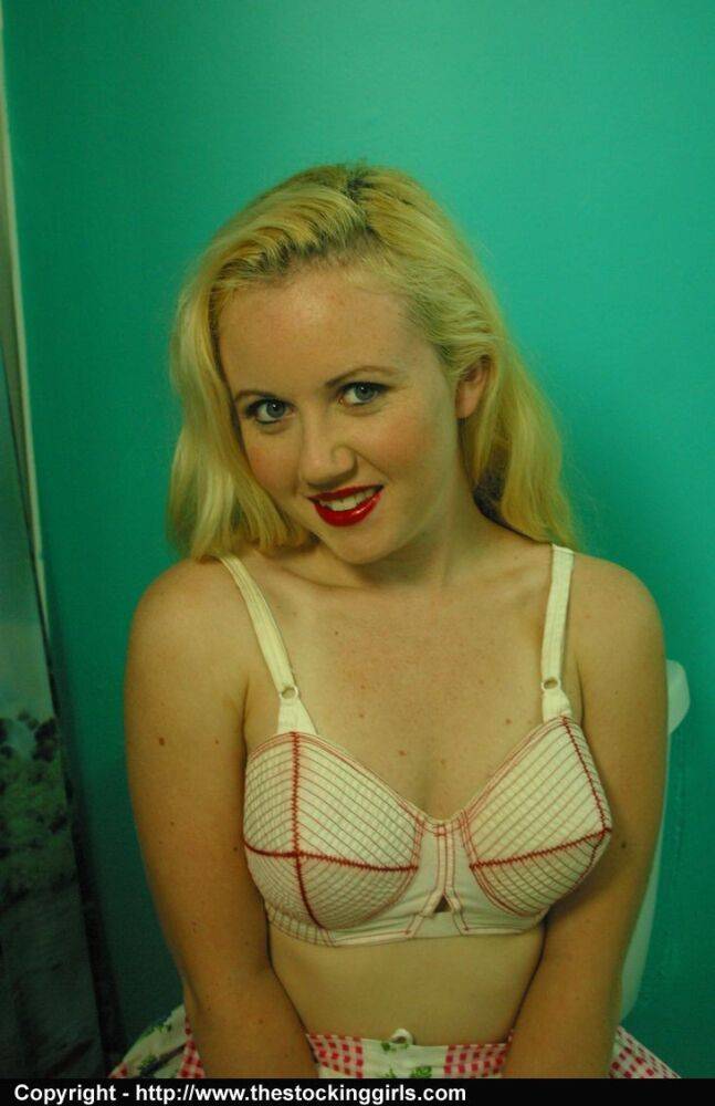 Blonde amateur Emily sports red lips while getting topless in retro lingerie - #6