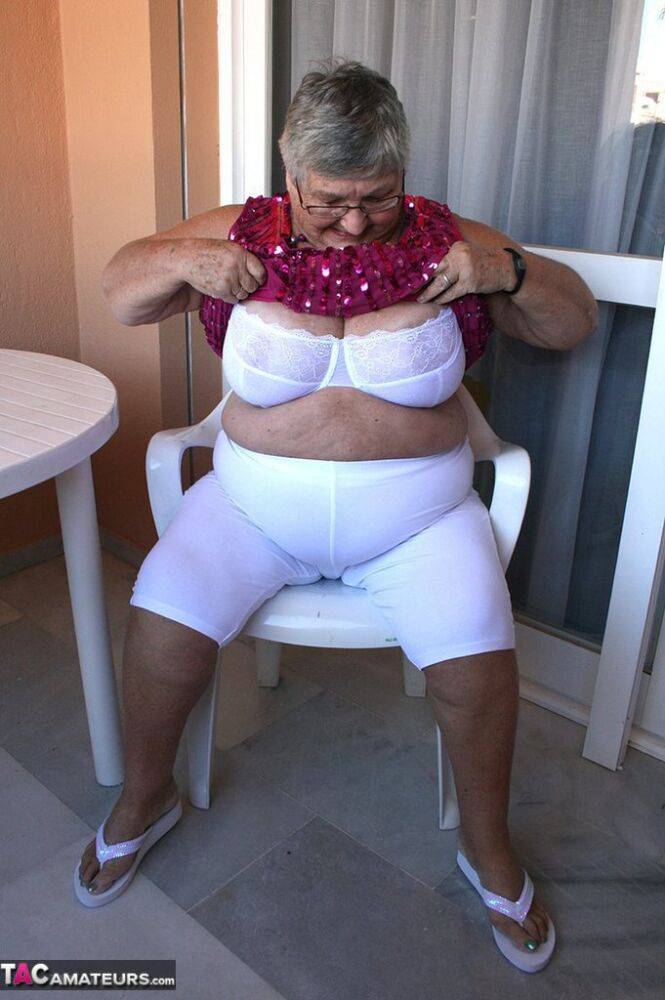 Obese grandmother GrandmaLibby parts her labia lips after disrobing on balcony - #14