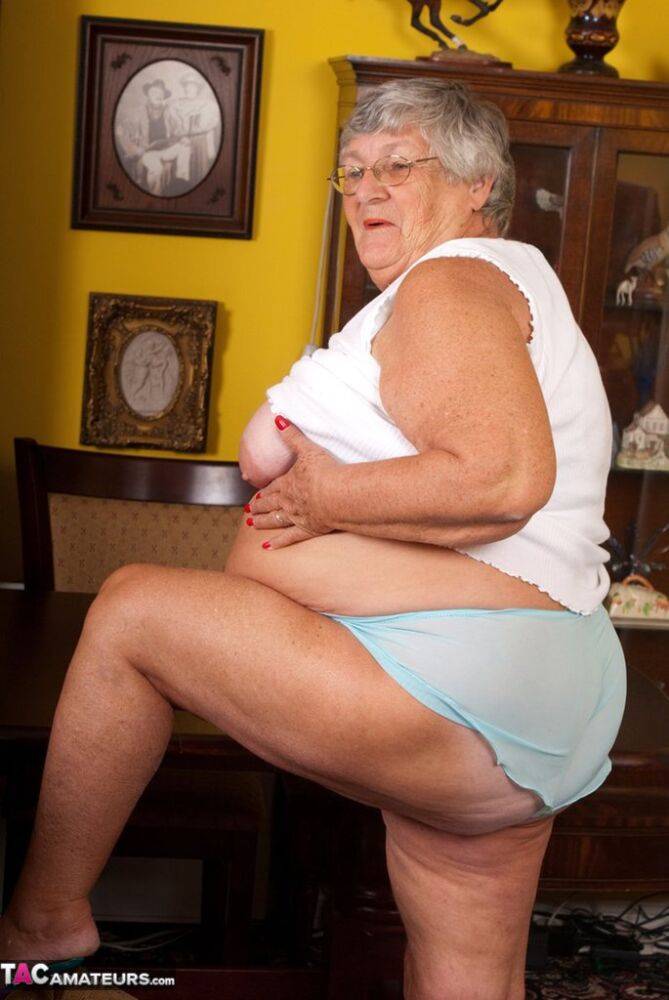 Obese UK lady Grandma Libby completely disrobes on a dining chair - #7