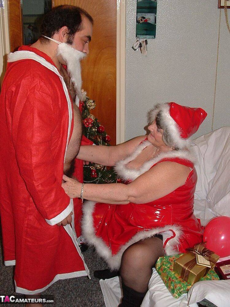 Obese nan Grandma Libby sucks and fucks Santa on a covered couch - #9