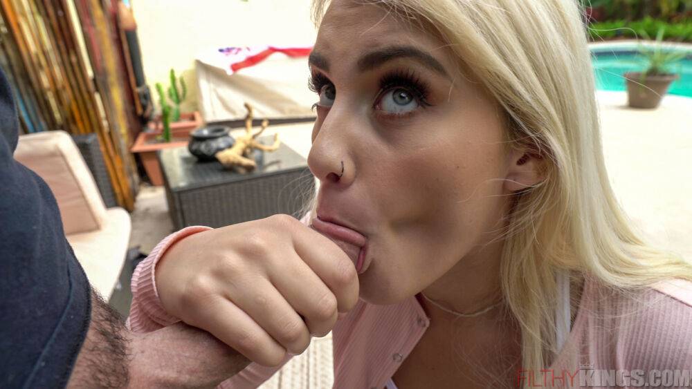 Blonde teen Indica Monroe delivers a POV blowjob on a poolside patio - #10