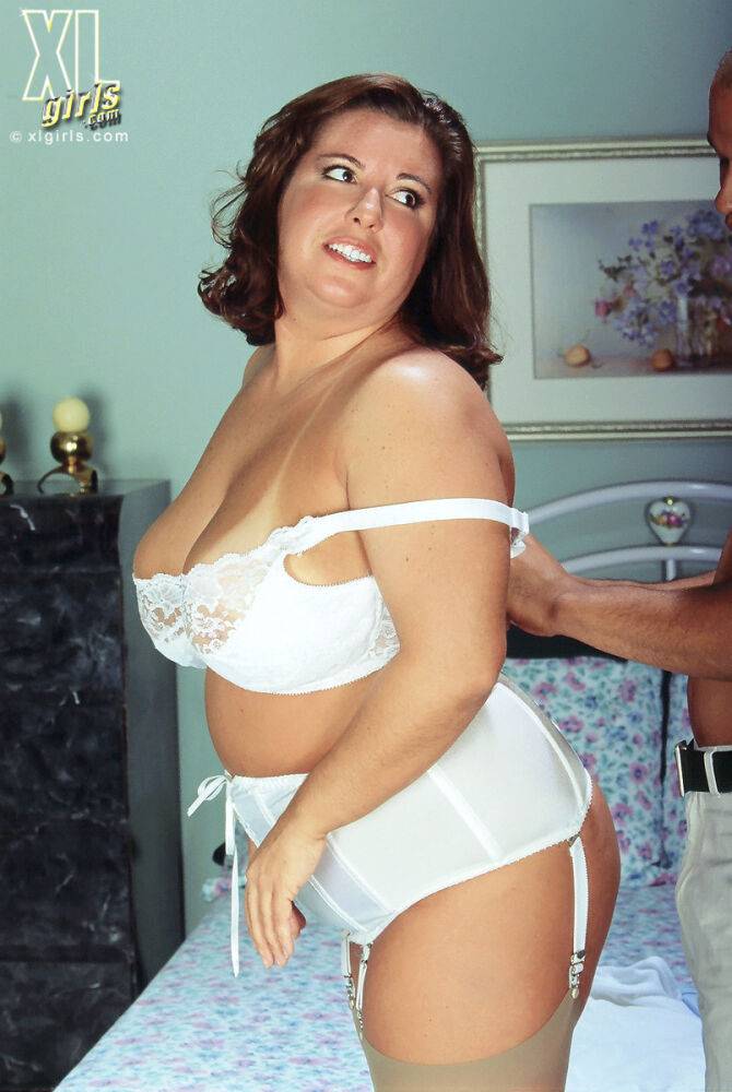 Mature BBW Joy Juggs seduces her man in white lace bra and granny panties - #2