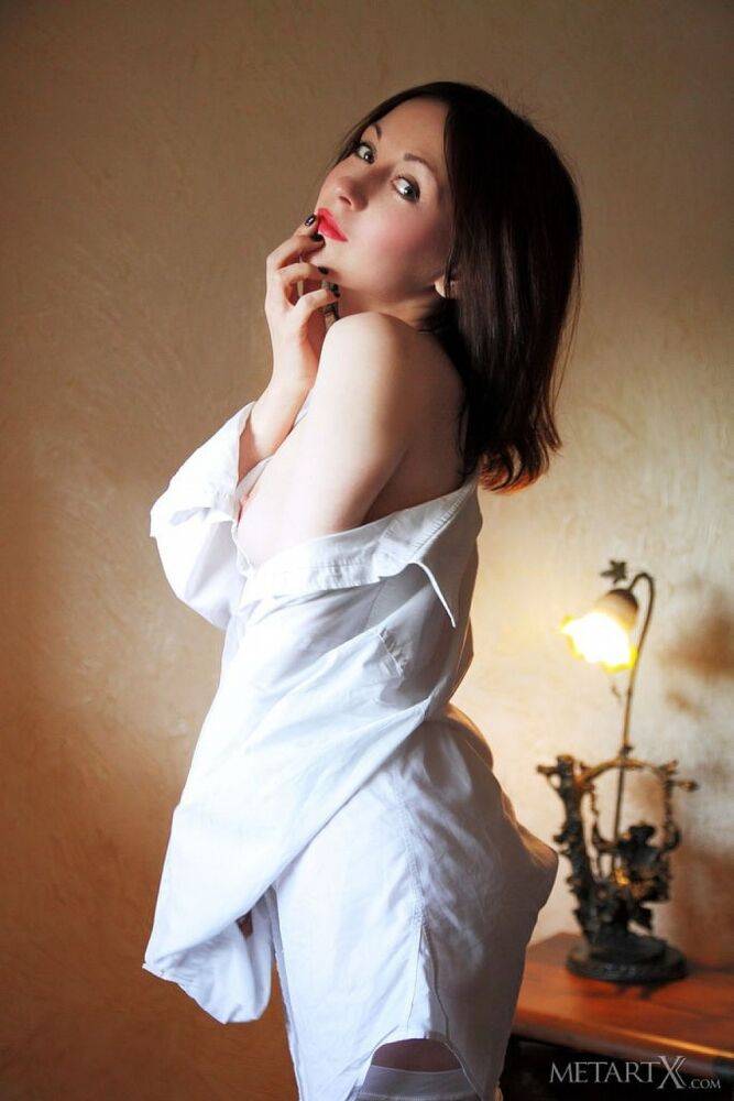 Night A poses in white shirt and matching thigh high stockings before - #14