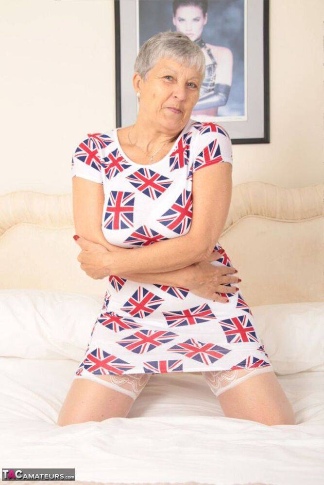 Old oma Savana hikes her dress up over lace panties and white bra - #14