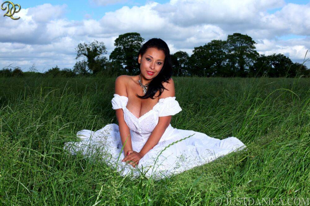 Mature lady Danica Collins looses her large tits from a white dress in a field - #4